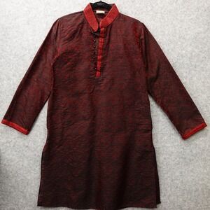Kurta Tunic Shirt Men SMALL Burgundy Black Damask Beaded Indian Wedding Sherwani